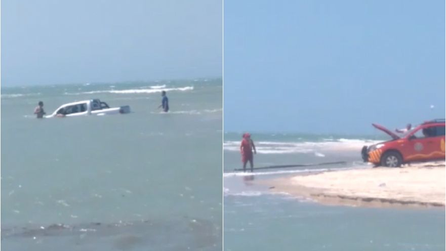 Maré sobe rapidamente em praia do Ceará e deixa caminhonete submersa; VEJA VÍDEO