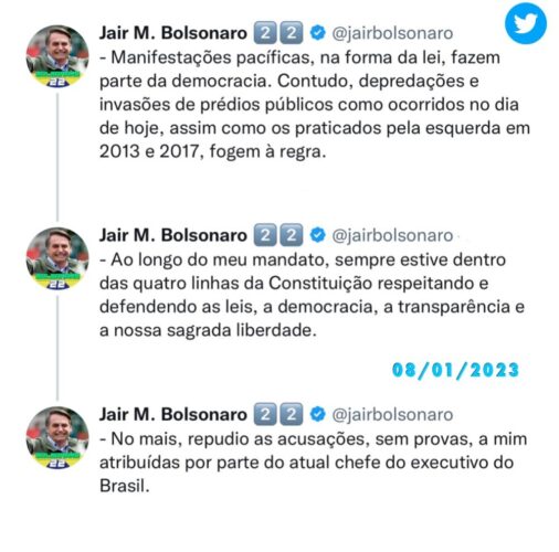 Bolsonaro se pronuncia, repudia depredações e rebate acusações feitas por Lula