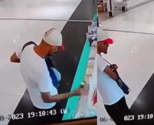 Homem tenta furtar quiosque de shopping e é impedido ao ser flagrado por vendedora; VÍDEO