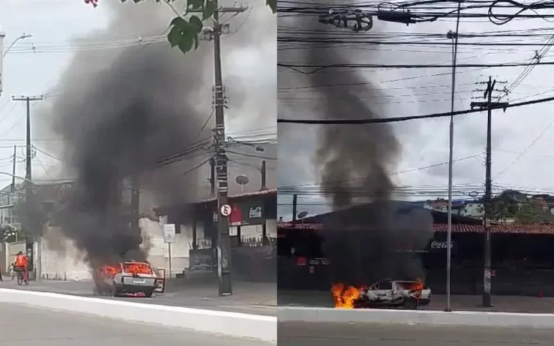 Carro fica destruído após pegar fogo em avenida do Recife; VÍDEO