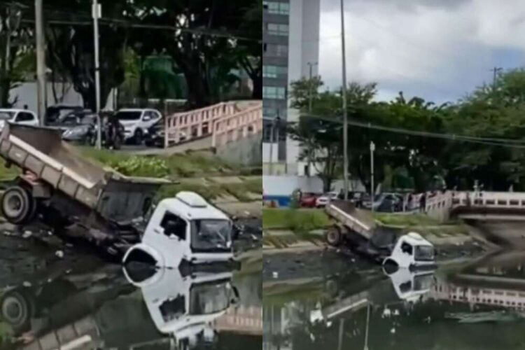 Caminhão cai em canal no bairro de Boa Viagem, na Zona Sul do Recife, na manhã desta quinta (16)
